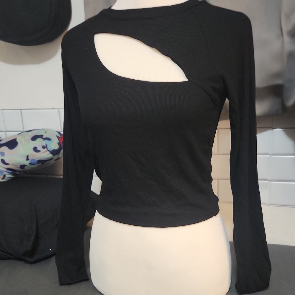 Fashion Nova Black Asymmetrical Cut-Out Long Sleeve Top